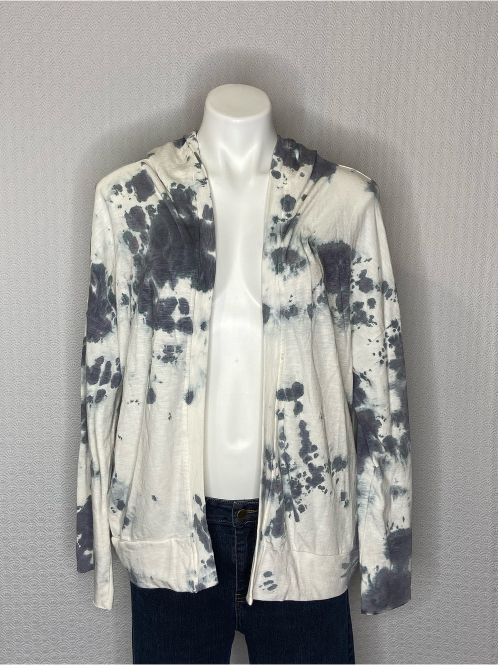OLIVACEOUS Tie Dye Hoodie Sweatshirt Open Front Long Sleeve White Gray NWT S/M